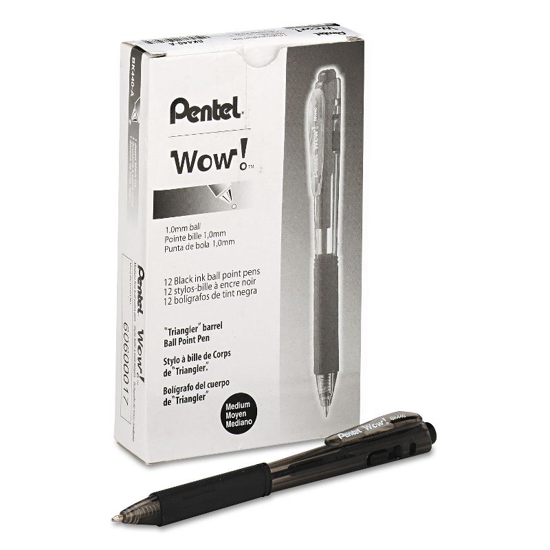 Pentel WOW! Retractable Ballpoint Pen 1mm Black Barrel/Ink Dozen BK440A, 2 of 3