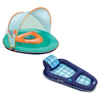Aqua Leisure Luxury Water Recliner Lounge Pool Float Chair, Blue + SwimSchool Baby Boat Float w/ Adjustable Safety Seat & Sun Shade Canopy, Orange