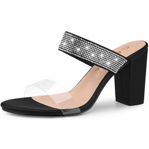 Allegra K Women's Clear Strap Rhinestones Heel Chunky Heels Slide ...