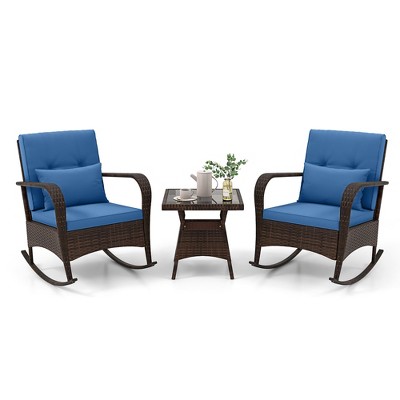Tangkula 3 Piece Outdoor Rocking Set Rattan Rocker Chairs w/ Tempered Glass Coffee Table