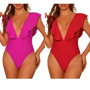 INSPIRE CHIC Women's V Neck Ruffled High Cut Tummy Control Monokini Swimwear Bathing Suit 2 Sets Small Hot Pink, Red - 1 of 4