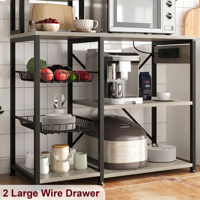 Bakers Rack with Power Output, Coffee Bar Station with 2 Big Metal Basket, Dining Room Large Storage Rack, Microwave Stand, Coffee Stand Station, 4 of 8
