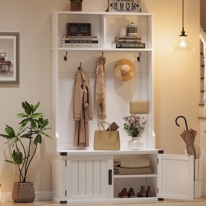 76" Farmhouse Hall Tree w/ Bench & Shoe Storage - 4-in-1 Entryway w/ Coat Rack,5 Tri-Hooks & Adjustable Shelf ,Space-Saving,White - 1 of 4