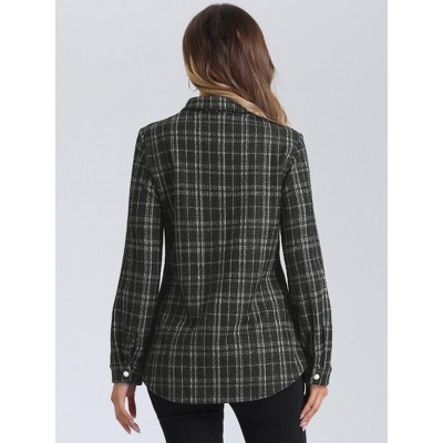 Allegra K Women's Button Down Plaid Faux Pockets Tweed Shackets Jackets Medium Black — фото 3