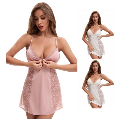 INSPIRE CHIC 3 Packs Women's Lace Mesh Deep V Spaghetti Strap Cami Chemise with Built-in Bra