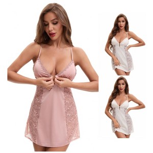 INSPIRE CHIC 3 Packs Women's Lace Mesh Deep V Spaghetti Strap Cami Chemise with Built-in Bra - 1 of 4