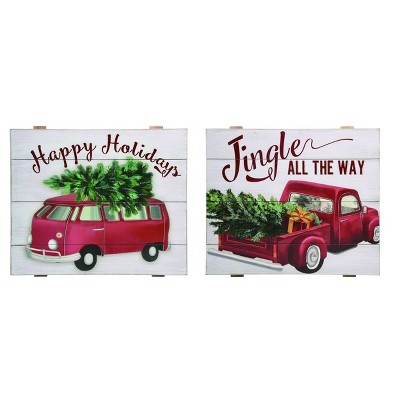 Transpac Wood 16 in. Multicolor Christmas Truck Wall Decor Set of 2