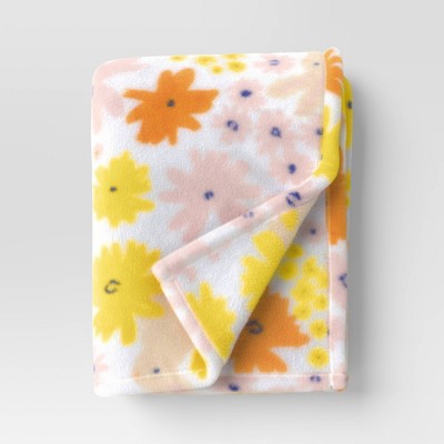 Recycled Poly Printed Floral and Bunny Plush Throw White/Yellow - Room Essentials™