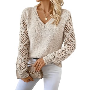 Womens V Neck Tops Lace Knit Long Sleeve Casual Pullover Sweater Top - 1 of 4