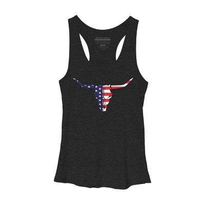 Women's Design By Humans July 4th American Flag Bull Horns Skull By rasok Racerback Tank Top