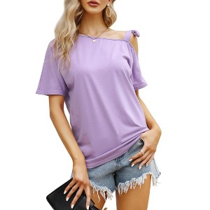 Clearlove Women's Summer Top One Shoulder Short Sleeve T-Shirts Casual Lightweight Blouses - 1 of 4
