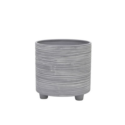 Gray Ceramic Footed Planter Set with Line Pattern, 8"