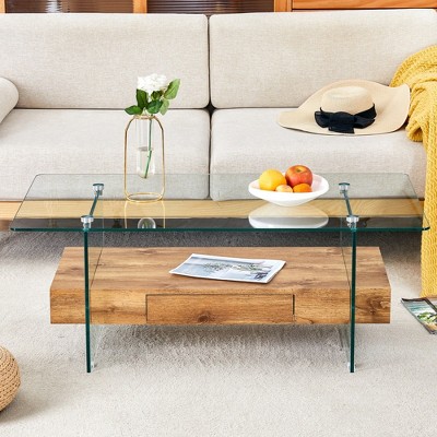 VYNXARIA 43.3 Inch Modern Two-Tier Coffee Table - Glass & Wood Storage Solution
