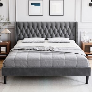 Bed Frame with Button Tufted Wingback Headboard - 1 of 4