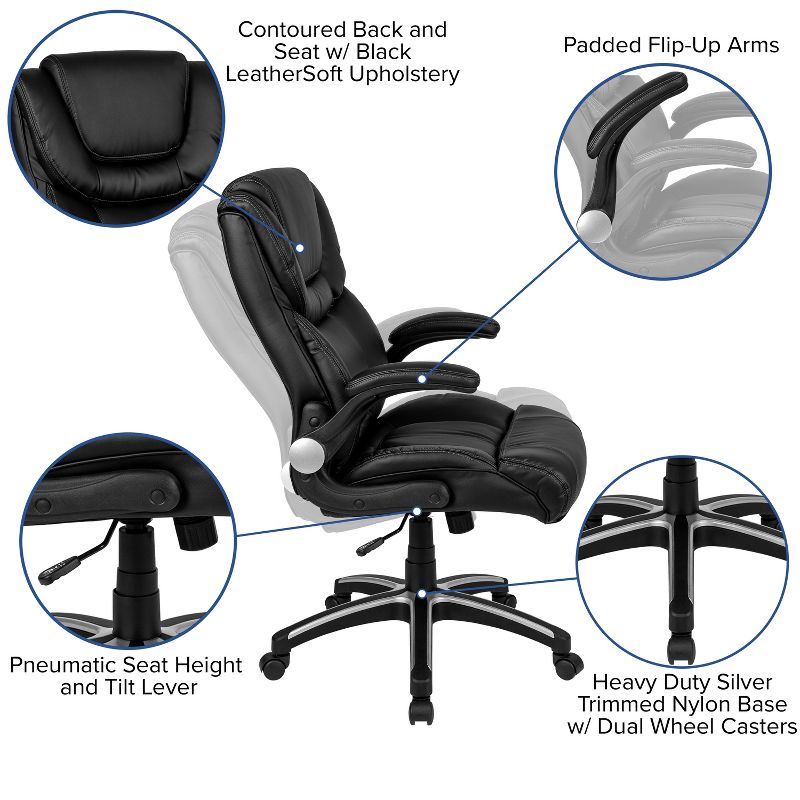 Flash Furniture Hansel High Back Black LeatherSoft Executive Swivel Office Chair with Double Layered Headrest and Open Arms, 5 of 14