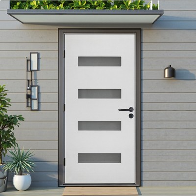 Wooakway 36"W × 80"H 4-Lite Exterior Frosted Glass Prehung Front Entry Door Primed Interior Fiberglass Entrance Door