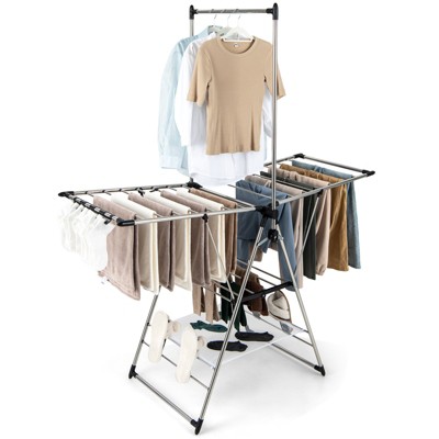Tangkula Clothes Drying Rack Stainless Steel Gullwing Style Rack with 6-Level Adjustable Height High Hanger Design Side Clips