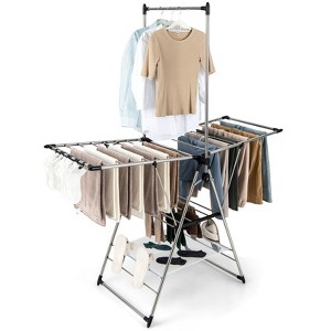 Tangkula Clothes Drying Rack Stainless Steel Gullwing Style Rack with 6-Level Adjustable Height High Hanger Design Side Clips - 1 of 4