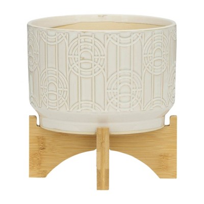 White Ceramic Planter with Bamboo Stand, 7-inch