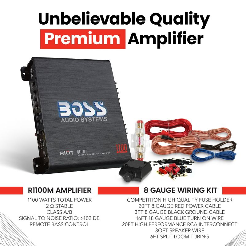 New BOSS R1100M 1100W Mono Car Audio Amplifier Amp & 8 Gauge Amp Wiring Kit, 3 of 7