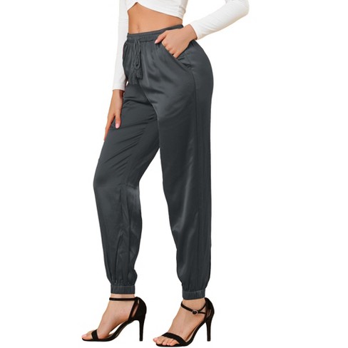 Unique Bargains Women's Drawstring Elastic High Waist Satin Cargo Pants 