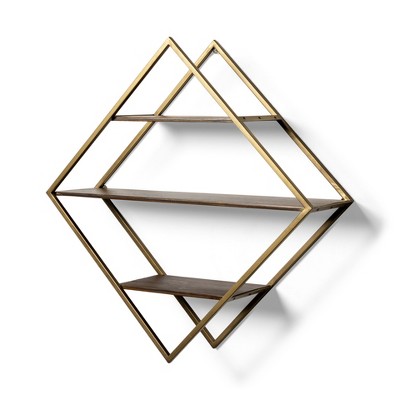 HomeRoots 30" Antiqued Brass And Brown Metal And Solid Wood Diamond Shaped Accent Shelf