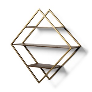 HomeRoots 30" Antiqued Brass And Brown Metal And Solid Wood Diamond Shaped Accent Shelf - 1 of 4