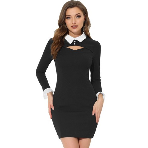 Allegra K Women's Contrast Peter Pan Collar Peekaboo Cutout Front Long  Sleeves Mini Dress Black Small