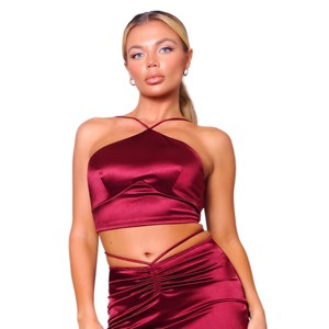 Slickblue Sexy Halter Crop Top, Body Sculpting Fit, Spaghetti Strap Style, Cross Tie Back, Burgundy, S - 1 of 4
