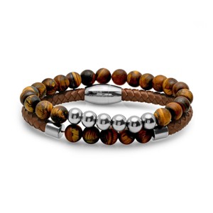 Steeltime Men's set of 2 stainless steel tiger eye beaded and brown leather tiger eye beaded bracelets.. Color Options: Silver, Gold - 1 of 4