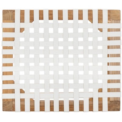 Natural Teak and White Leather Backless Counter Stool