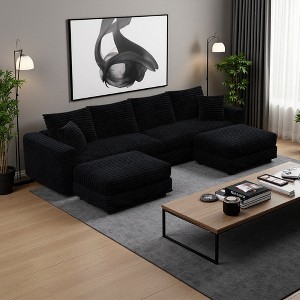 102.4" Plush Corduroy U-Shaped Sectional Sofa, 2 Ottomans, Deep Seat - 1 of 4