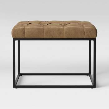 Trubeck Tufted Metal Base Ottoman Faux Leather Brown - Threshold™