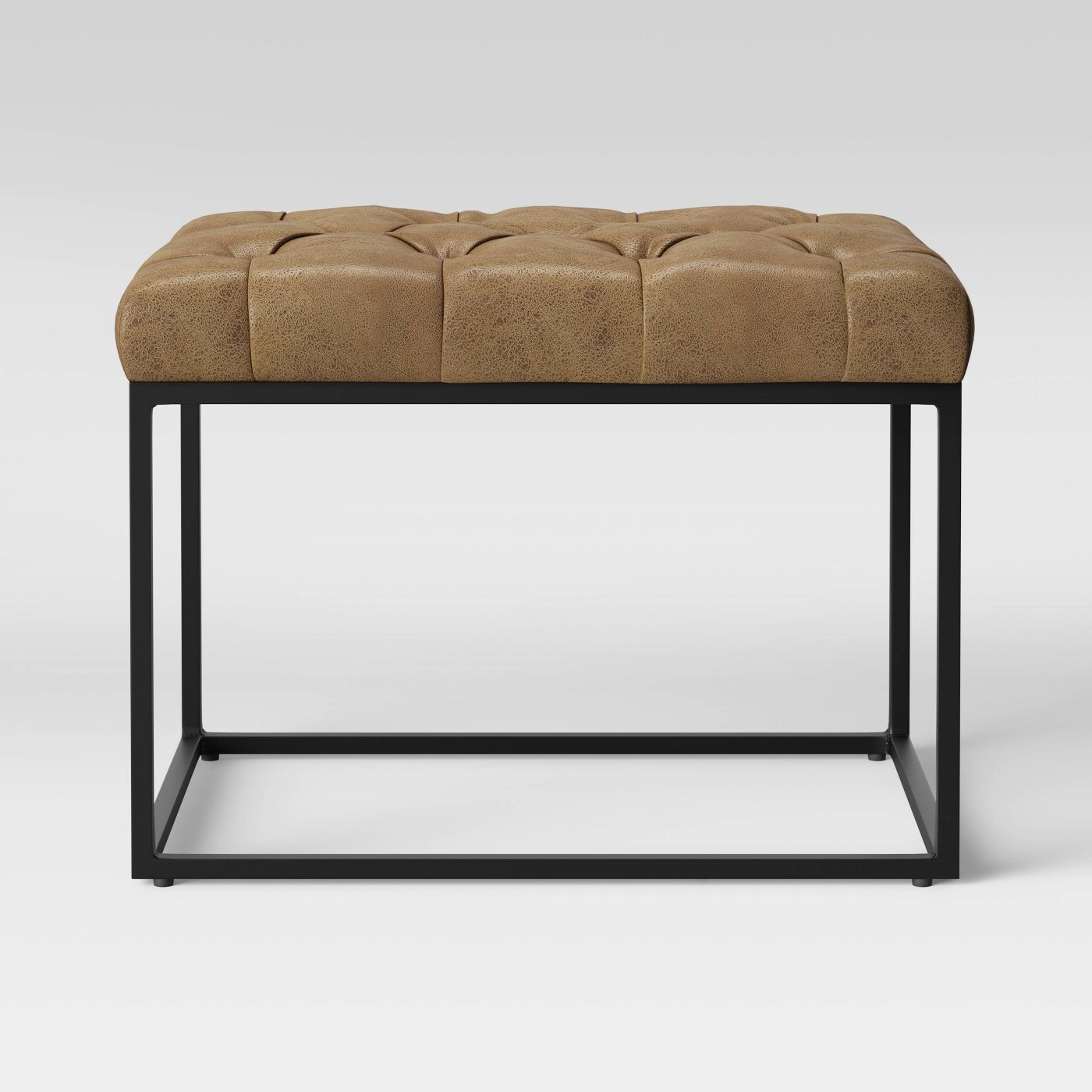 Trubeck Tufted Metal Base Ottoman Faux Leather Brown by Threshold
