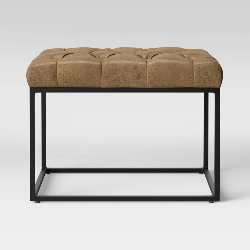 Trubeck Tufted Metal Base Ottoman Faux Leather Brown - Threshold&#8482;, 1 of 6