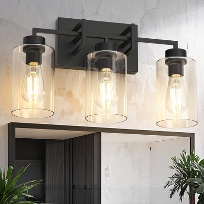 YANSUN 18 in. 3-Light Black Farmhouse Bathroom Vanity Light with Glass Shades