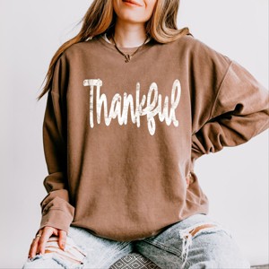 Simply Sage Market Thankful Cursive Distressed Lightweight Garment Dyed Sweatshirt - 1 of 4