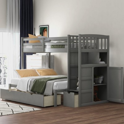 Twin Over Twin/Full Size Bunk Bed With Storage Shelves Drawers, Wooden Stairway Bunkbed Bed Frame With Convertible Bottom Beds For Kids Teens Bedroom