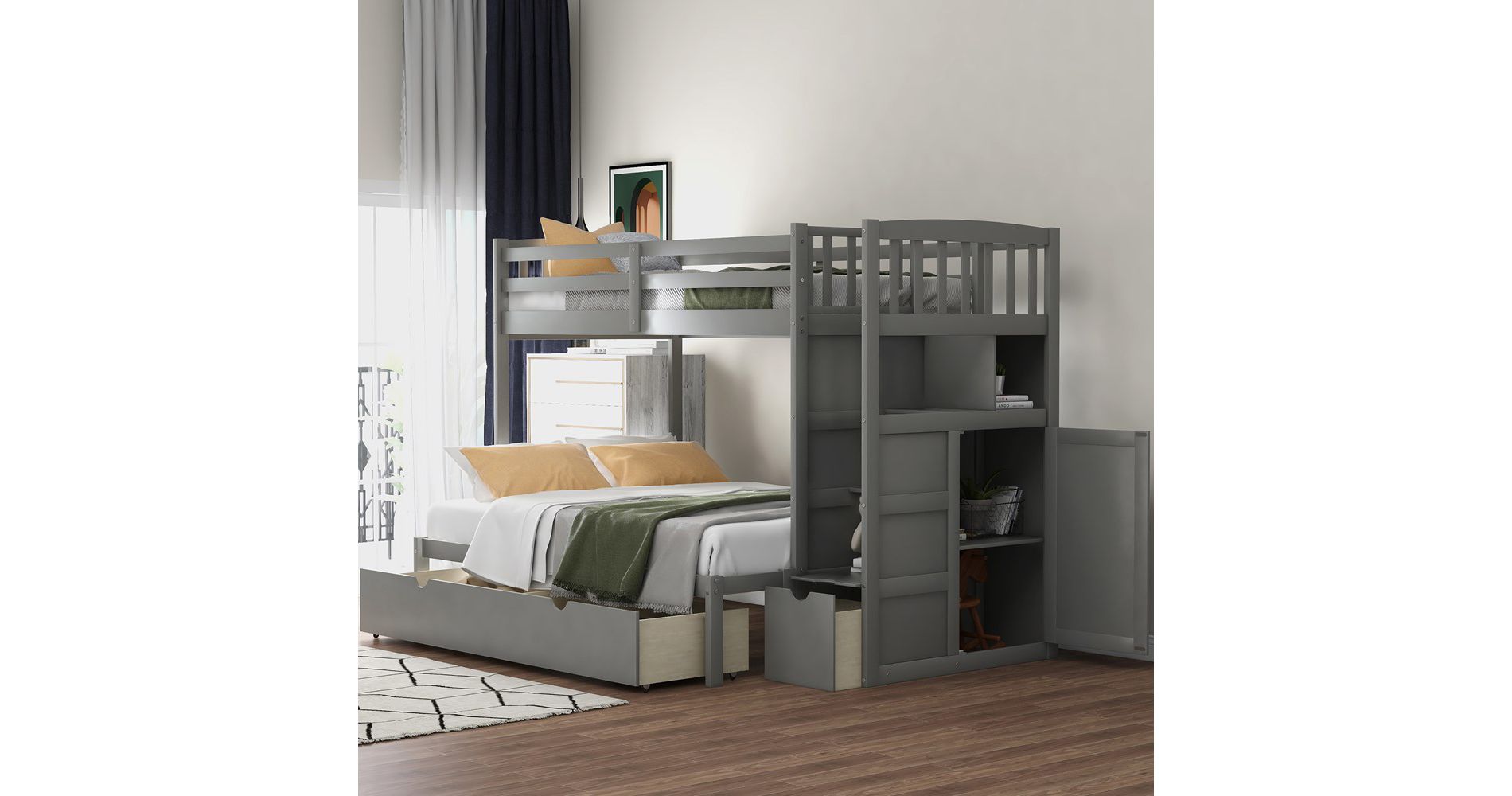 Twin Over Twin/Full Size Bunk Bed With Storage Shelves Drawers, Wooden Stairway Bunkbed Bed Frame With Convertible Bottom Beds For Kids Teens Bedroom