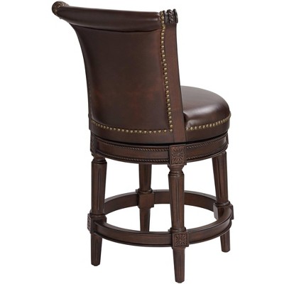 Espresso Leather & Walnut Swivel Bar Stool with Brass Accents