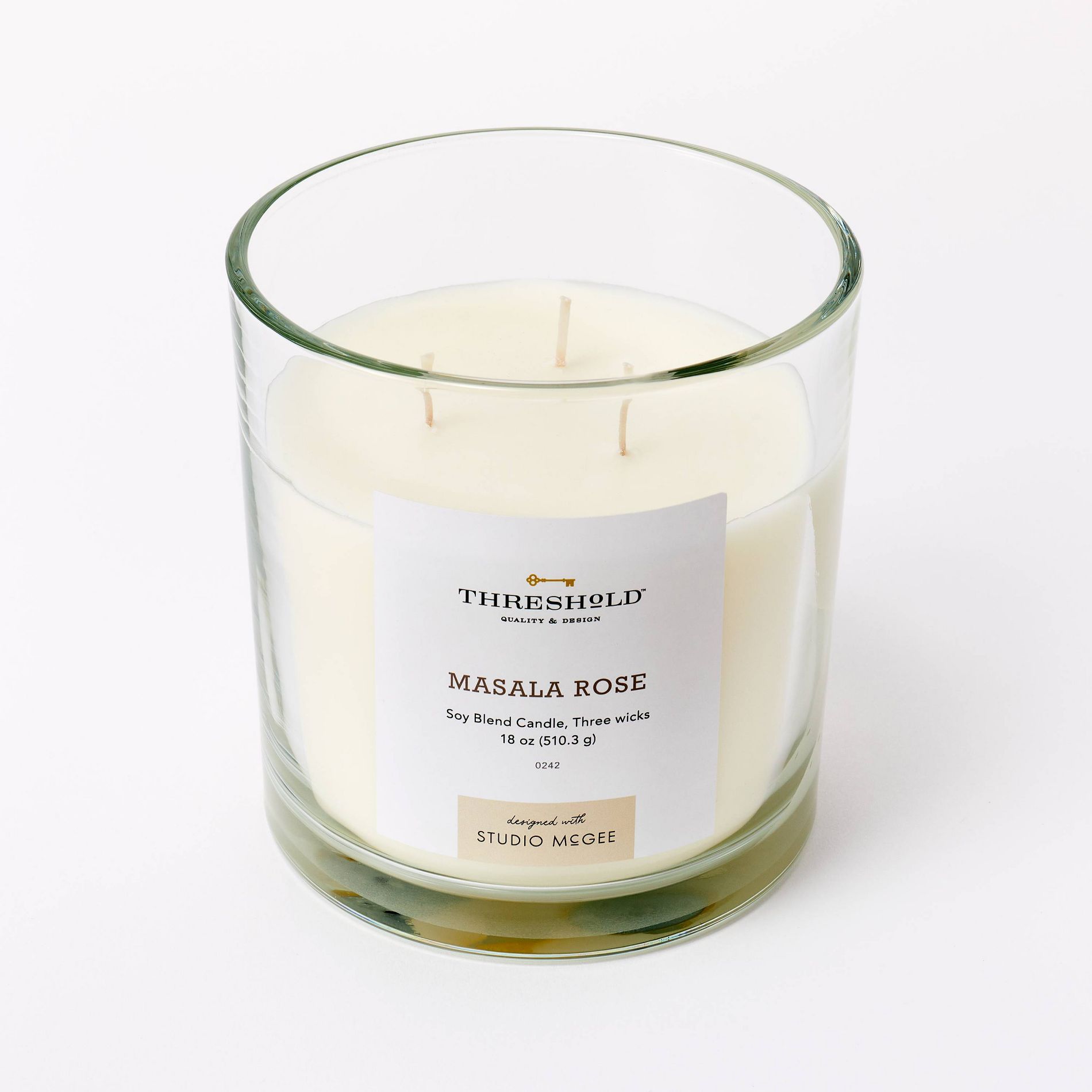 3-Wick 18oz Clear Glass Masala Rose Candle White - Threshold™ designed with Studio McGee: Soy & Paraffin Wax Blend, 50hr Burn Time