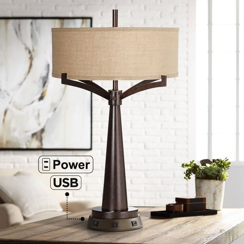 Franklin Iron Works Rustic Farmhouse Table Lamp 31 1/2" Tall with USB Power Outlets in Base Bronze Burlap Drum Shade for Bedroom Living Room Bedside, 2 of 10
