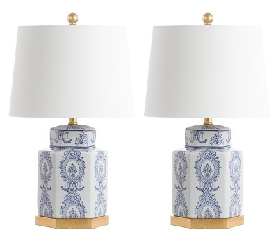 Bodin Blue and White Ceramic Table Lamp Set with Gold Leaf Finish