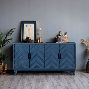 Gulches Retroy Vintage Navy Blue Credenza Cabinet, 60" 4-Door Storage Buffet with M-Shaped Panel Doors & Solid Wood Base for Dining & Living Room - 1 of 4