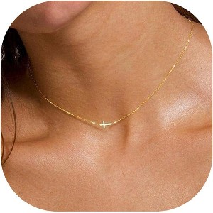 Layered Sideways Cross Necklace 14K Gold Plated Dainty Choker for Women - 1 of 4