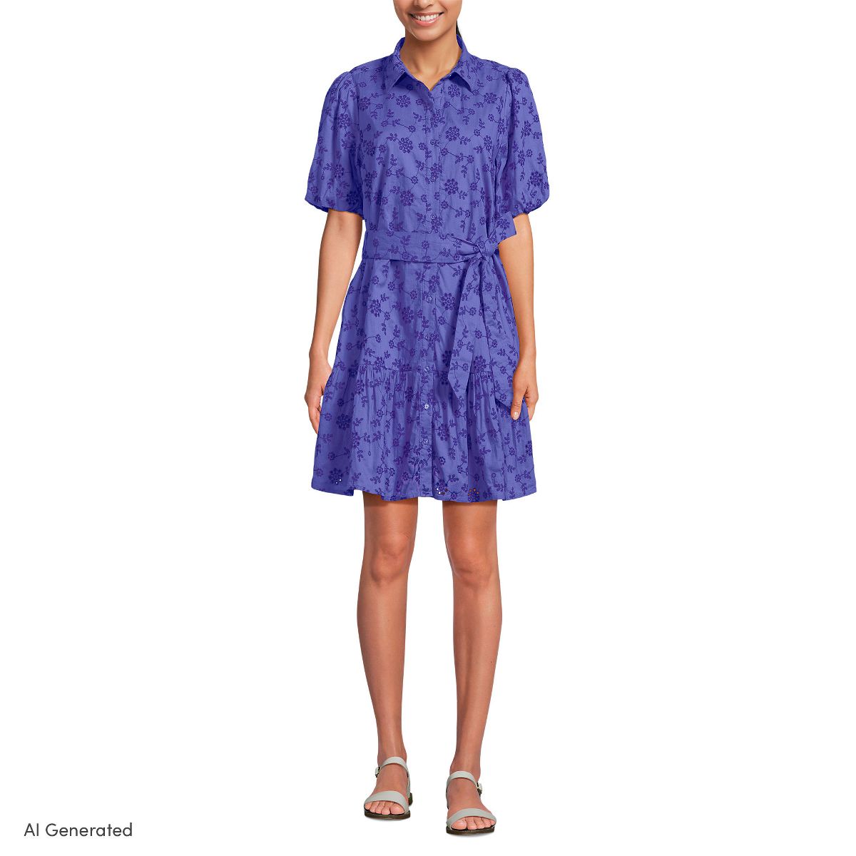 Lands' End Women's Elbow Sleeve Eyelet Knee Length Shirt Dress - thumbnail 4
