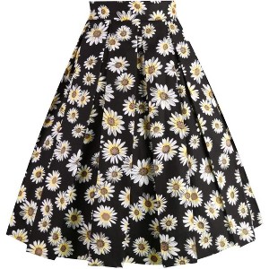 Women's Vintage Floral Midi Skirt - Pleated A-Line Skirt with Pockets Black-daisy - 1 of 4