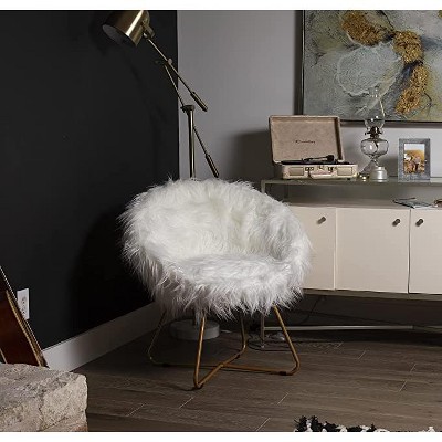 White Faux Fur Papasan Chair with Pale Gold Legs