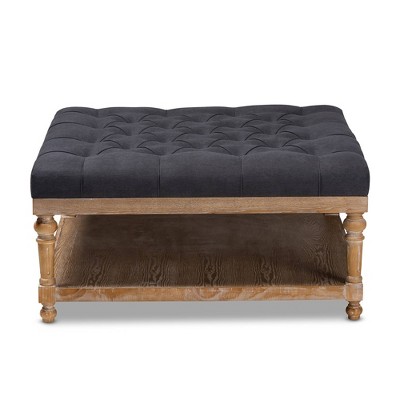 Kelly Charcoal Linen and Greywashed Wood 38" Tufted Cocktail Ottoman