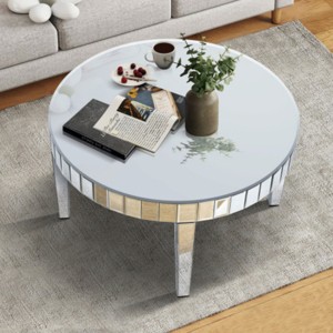 Round Coffee Table with Glass Top, Starburst Mirror Mosaic Accent, Modern Luxury Coffee Table for Living Room or Sofa Centerpiece-The Pop Home - 1 of 4